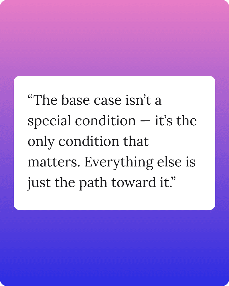 Base case, smaller input, leap of faith: the only three things you need to understand recursion